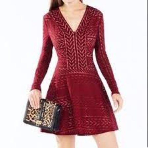 Bcbgmaxazria KINLEY BURGUNDY LONG SLEEVE V-NECKLINE SKATER MINI DRESS - Picture 1 of 13